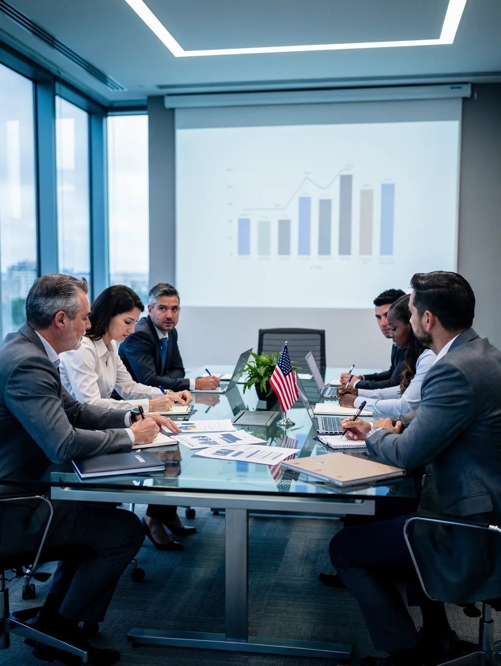 Modern business leaders working confidently in a bright corporate office