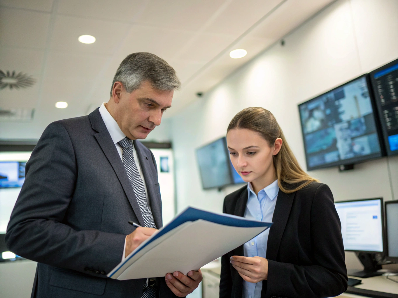 Senior security adviser discussing transaction readiness and compliance evidence with executive