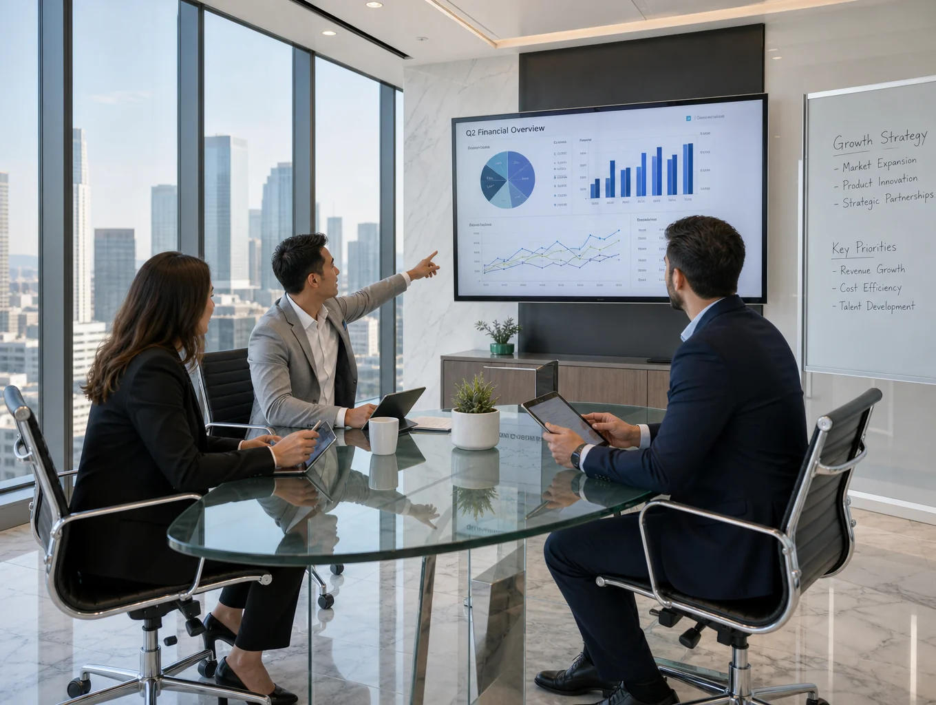 Senior professional consultants conducting a strategic security compliance review with executive leadership in a modern boardroom